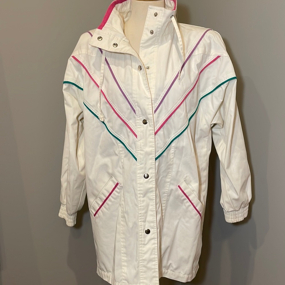 VTG BLAIR 80s Preppy Oversized White with Colorblock Trim Jacket MEDIUM